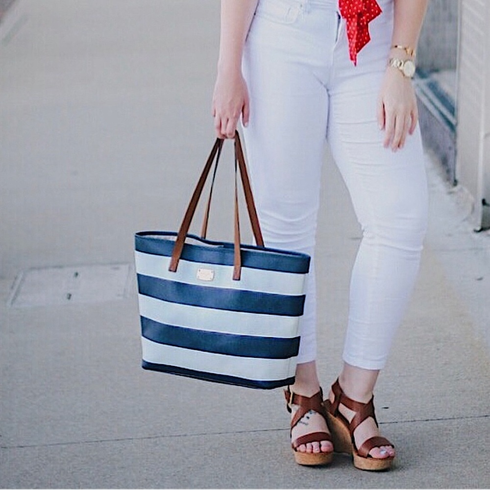 White and Navy Striped Jet Set Travel Tote